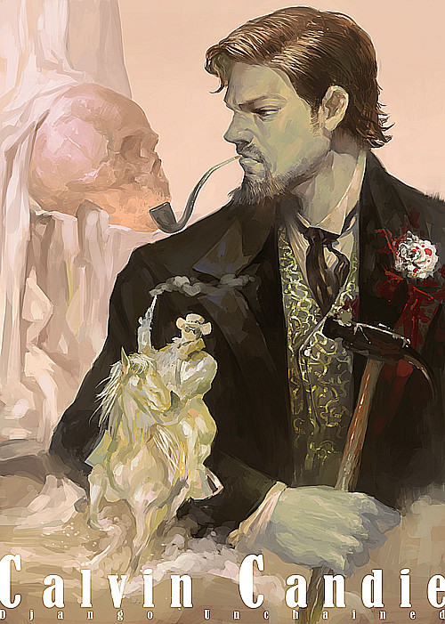 1boy, beard, blood, bloody_clothes, brown_hair, calvin_candie, corsage, django_unchained, facial_hair, formal, hammer, pipe, profile, realistic, riko233, skull, smoking, solo, suit