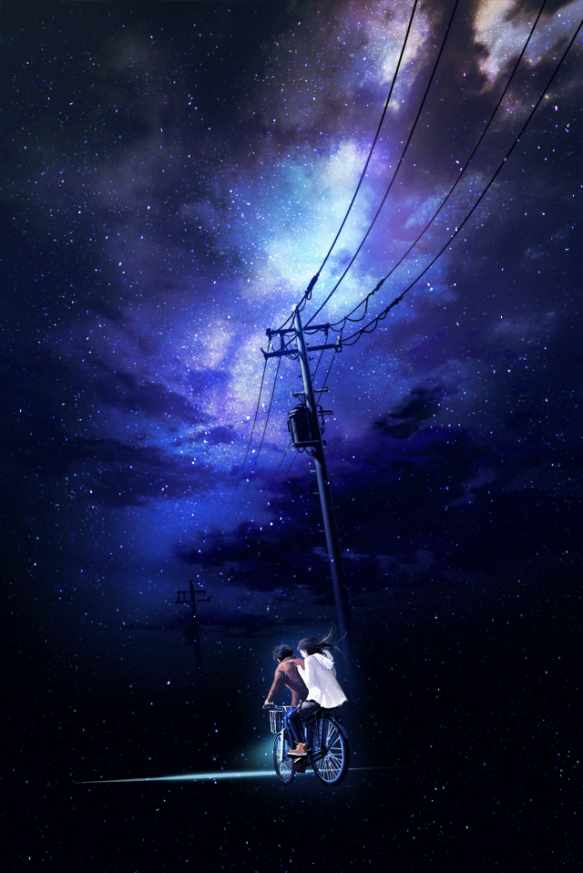 basket, bicycle, long_hair, night, night_sky, original, pole, power_lines