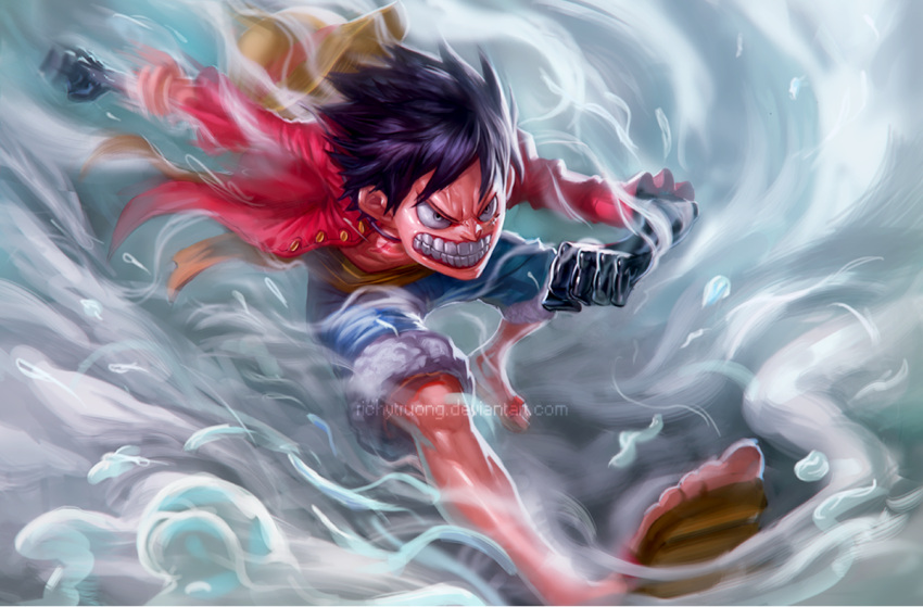 1boy, angry, battle, black_hair, gear_second, haki, hat, male