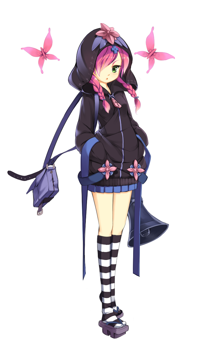 aoi_tsunami, bag, braid, butterfly, geta, green_eyes, hair_ornament, hair_over_one_eye