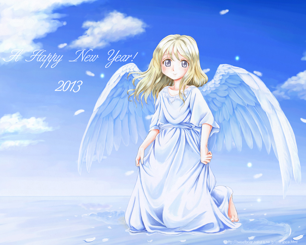 1girl, 2013, angel, angel_wings, barefoot, blonde_hair, blue_eyes, dress, happy_new_year, kahis_(sweetbriar), kneeling, long_hair, original, sky, smile, solo, wings
