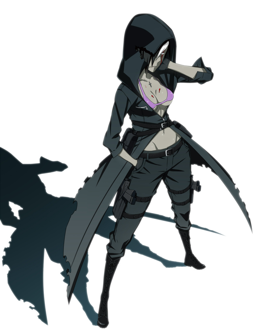 belt, bikini_top, black_hair, black_hood, blood, boots, breasts, coat