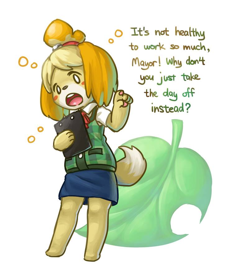 1girl, :o, artist_request, blush_stickers, clipboard, collateral_damage_studios, doubutsu_no_mori, english, furry, leaf, multicolored_hair, no_humans, open_mouth, shizue_(doubutsu_no_mori), skirt, solo, standing, tail, topknot, two-tone_hair, waha_(artist)