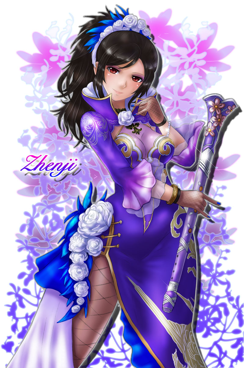 1girl, black_hair, boken_fantasy, breasts, character_name, cleavage, dress, eyeliner