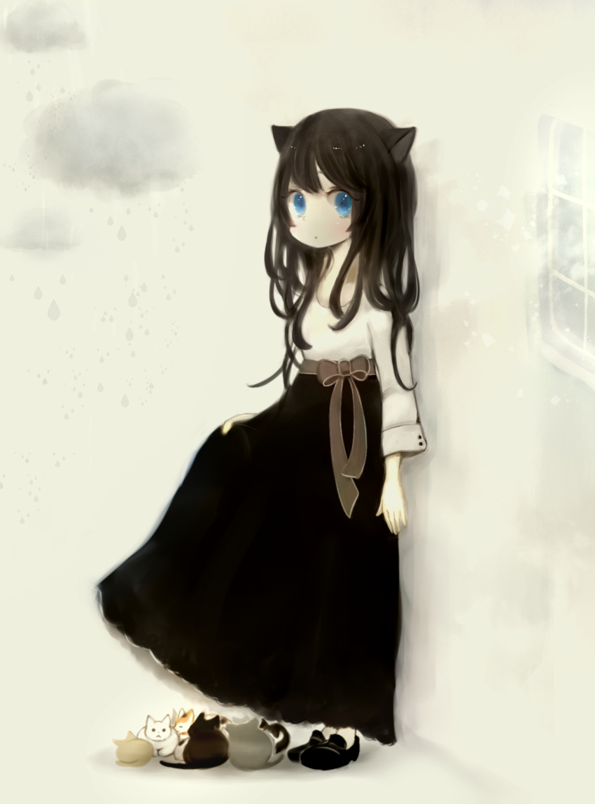 1girl, animal_ears, black_hair, blue_eyes, cat, cat_ears, curly_hair, dress