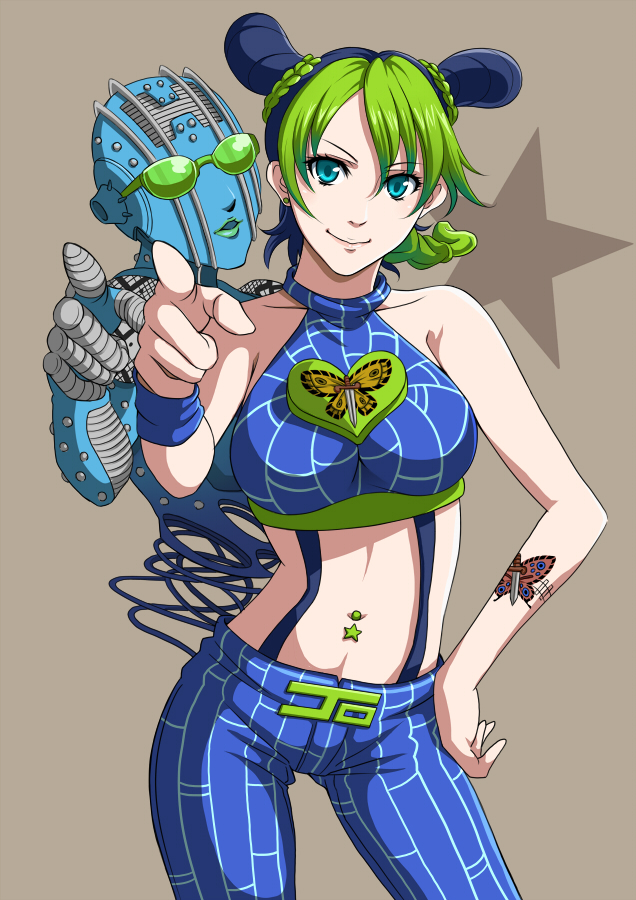 1girl, black_hair, blue_eyes, braid, double_bun, green_hair, hand_on_hip, jojo_no_kimyou_na_bouken