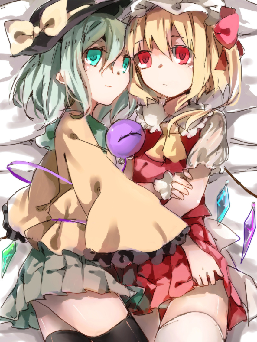 2girls, absurdres, ascot, bed, black_legwear, blonde_hair, crystal, eyeball