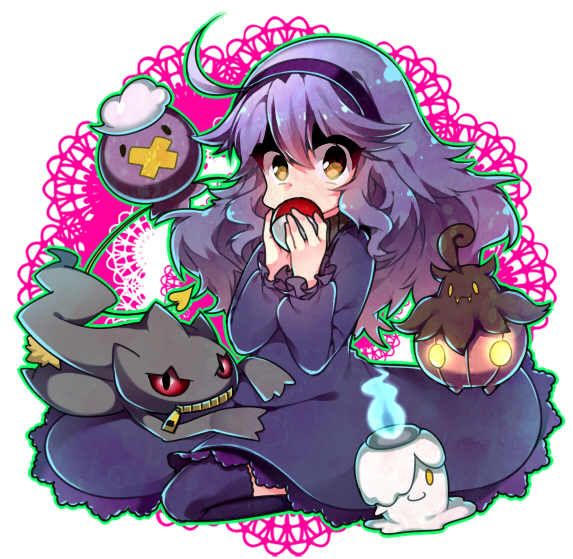1girl, @_@, ahoge, banette, brown_eyes, dress, drifloon, hairband, hex_maniac_(pokemon), litwick, long_hair, looking_at_viewer, messy_hair, noni-nani, npc, poke_ball, pokemon, pokemon_(creature), pokemon_(game), pokemon_xy, pumpkaboo, purple_hair, sitting, solo