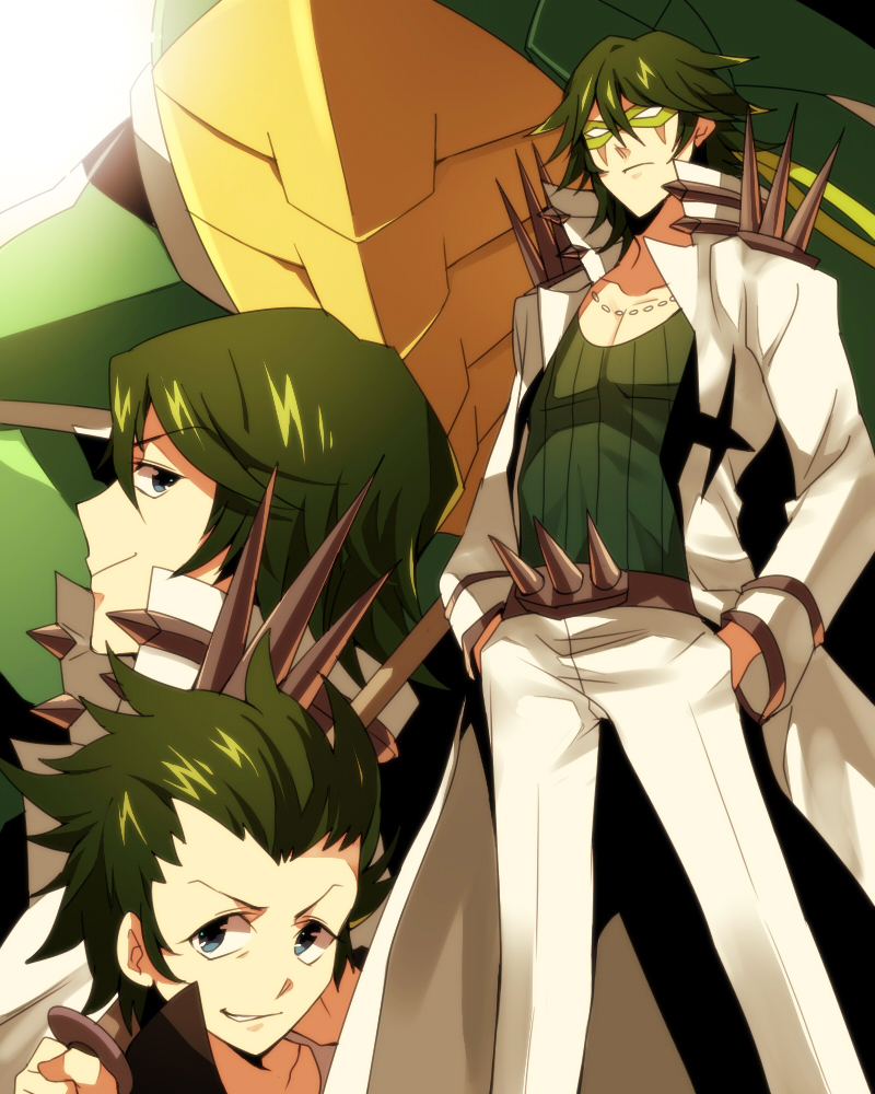 blade_regalia, green_hair, hands_in_pockets, kill_la_kill, long_coat, male, mask, mecha