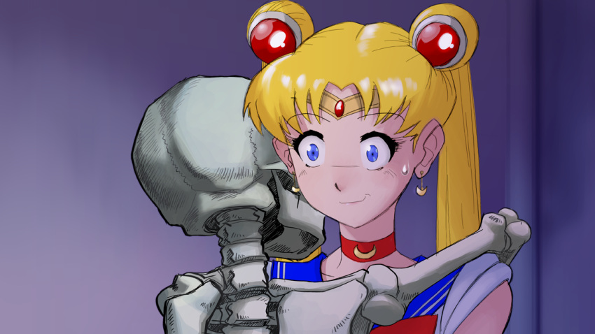 1girl, bishoujo_senshi_sailor_moon, blonde_hair, blue_eyes, choker, double_bun, forehead_jewel, hairpods