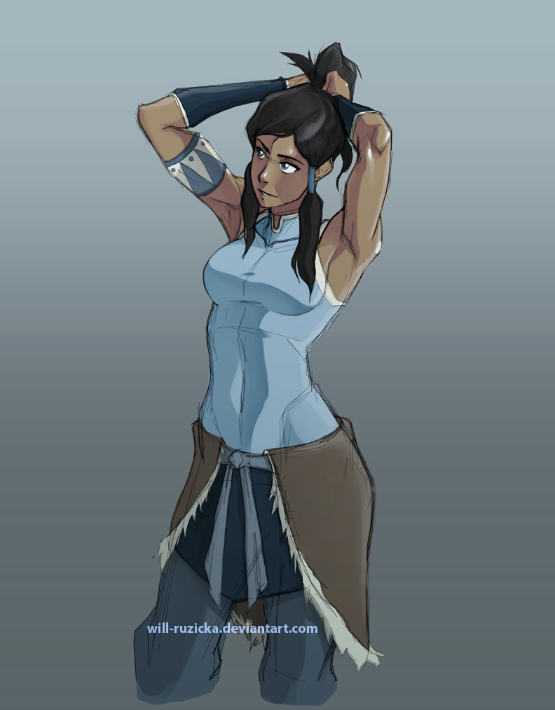 1girl, adjusting_hair, armlet, armpits, avatar_legends, black_hair, blue_eyes, bracer