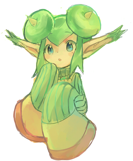 1girl, blue_eyes, double_bun, green_hair, horns, karatou, long_pointy_ears, pinstripe_pattern