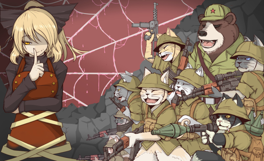 1girl, ak-47, assault_rifle, bear, blonde_hair, bow, cat, cat_shit_one