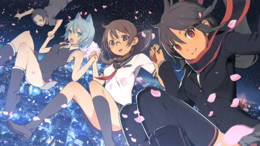 1boy, 3girls, animal_ears, blue_eyes, blue_hair, boots, brown_eyes, brown_hair