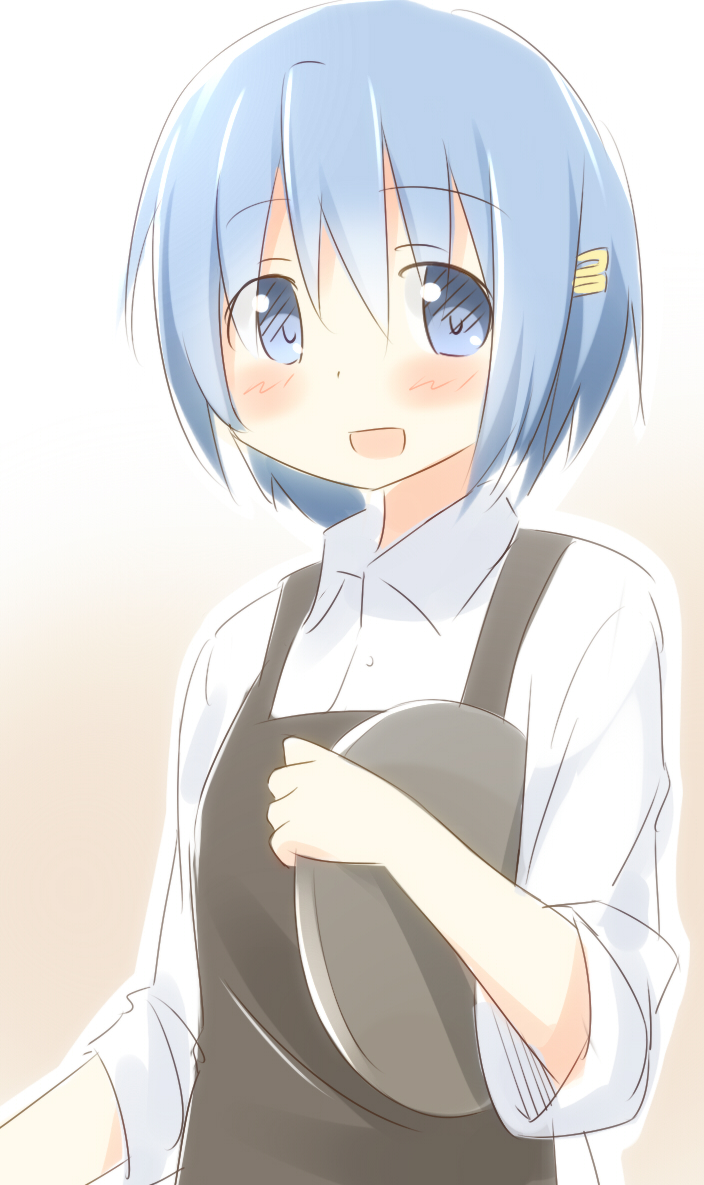 1girl, apron, blue_eyes, blue_hair, blush, bust, dress_shirt, hair_ornament