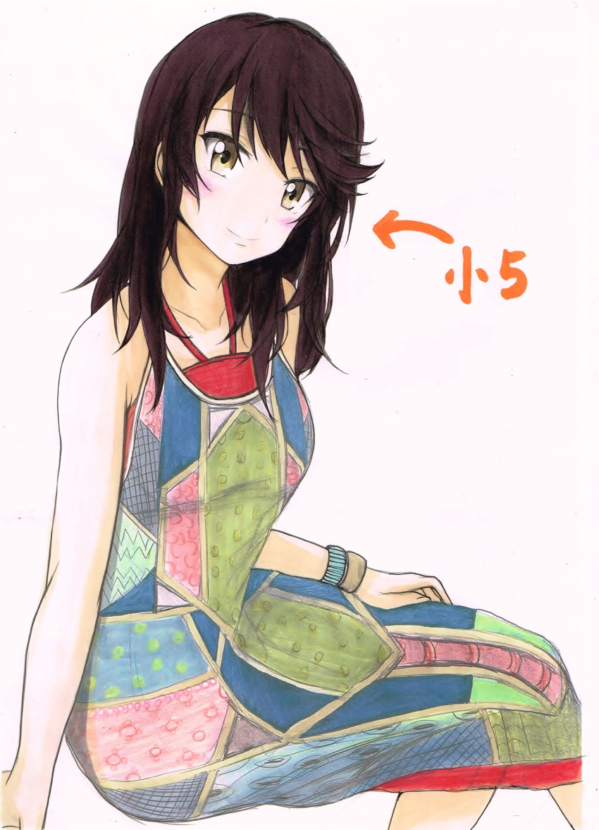1girl, black_hair, blush, bracelet, directional_arrow, dress, highres, ichijou_hotaru