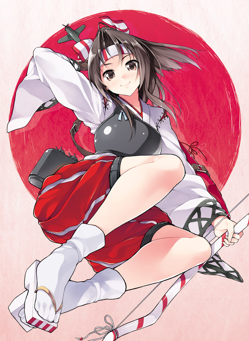 1girl, airplane, armor, bow_(weapon), brown_eyes, brown_hair, headband, japanese_clothes