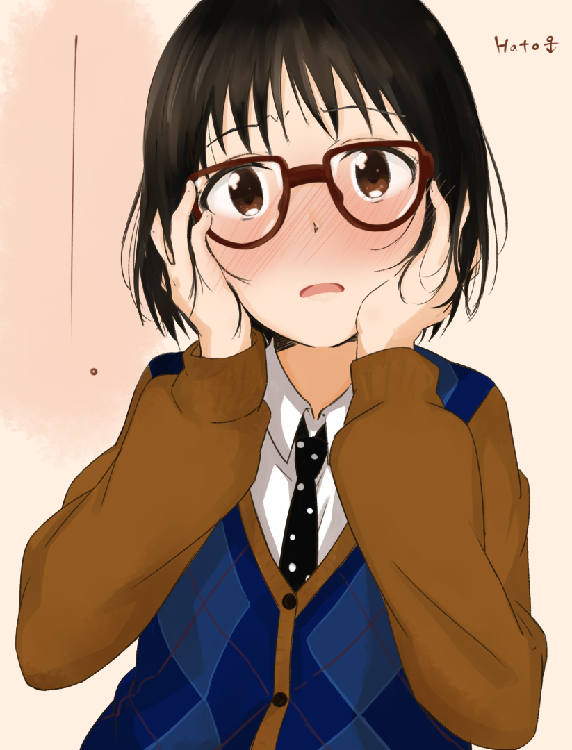 1boy, black_hair, blush, brown_eyes, crossdressinging, genshiken, glasses, hato_kenjirou, machahiro_(shiitake), male, necktie, short_hair, solo, sweater, trap