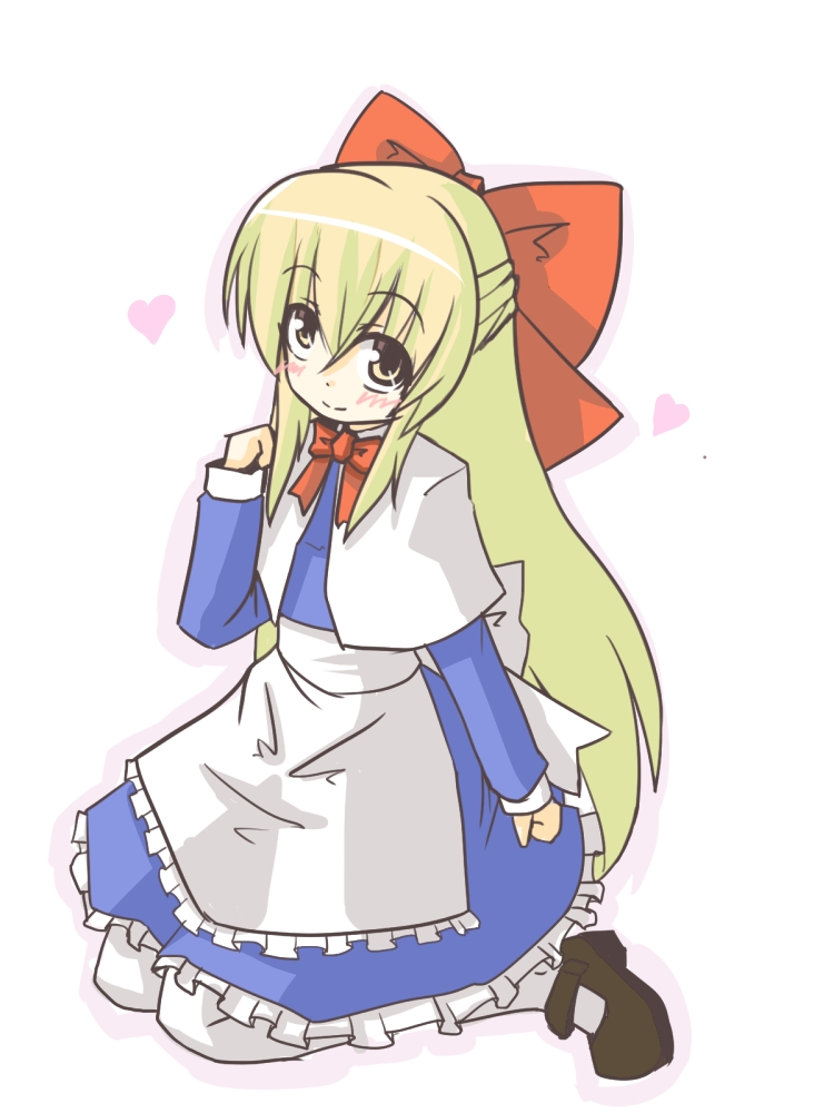 1girl, apron, asuka_tsubasa, blonde_hair, blush, bow, capelet, dress, frilled_apron, hair_bow, heart, kneeling, mary_janes, pantyhose, shanghai_doll, shoes, smile, solo, touhou, waist_apron, white_background, white_legwear, yellow_eyes