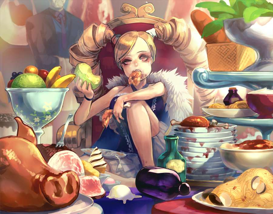 banana, bottle, bread, cheek_bulge, chicken_leg, clams, dirty_face, drill_hair