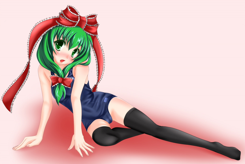 bare_shoulders, black_thighhighs, blush, daisha_hiroshi, green_eyes, green_hair, hair_ribbon, highres, kagiyama_hina, long_hair, ribbon, school_swimsuit, solo, swimsuit, thigh-highs, touhou