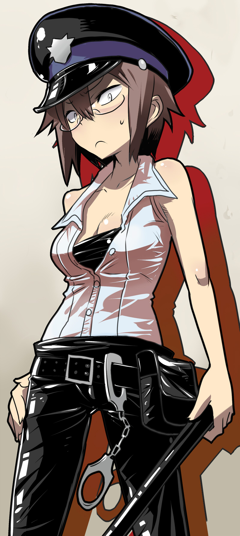 1girl, bare_shoulders, belt, belt_pouch, breasts, cuffs, female, glasses, glasses_girl_(kusada), handcuffs, hat, highres, matsuda_yuusuke, original, pants, peaked_cap, police, semi-rimless_glasses, shiny, shiny_clothes, short_hair, sleeveless, solo, sweatdrop, truncheon, under-rim_glasses