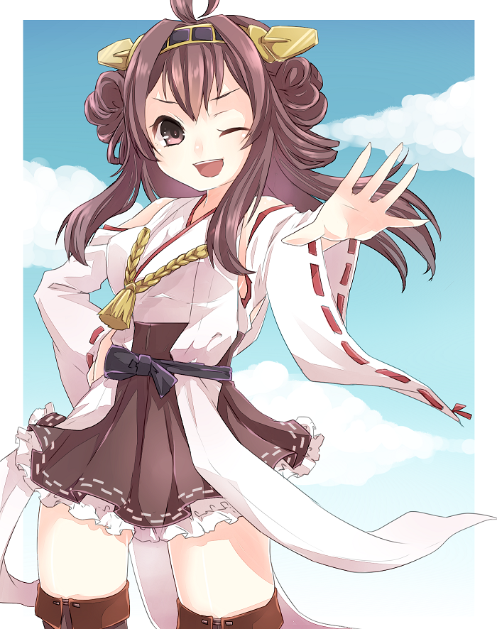 1girl, ;d, ahoge, bare_shoulders, black_legwear, blue_sky, blush, boots