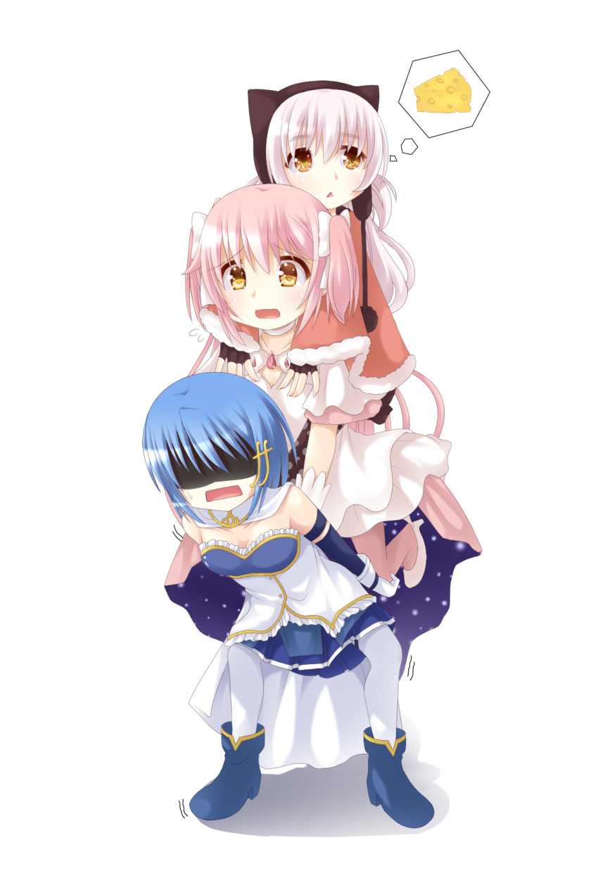 3girls, anri-agnes, armband, blue_hair, bow, cheese, choker, collarbone
