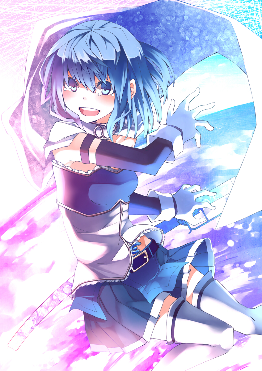 1girl, armband, belt, blue_eyes, blue_hair, cape, gloves, highres