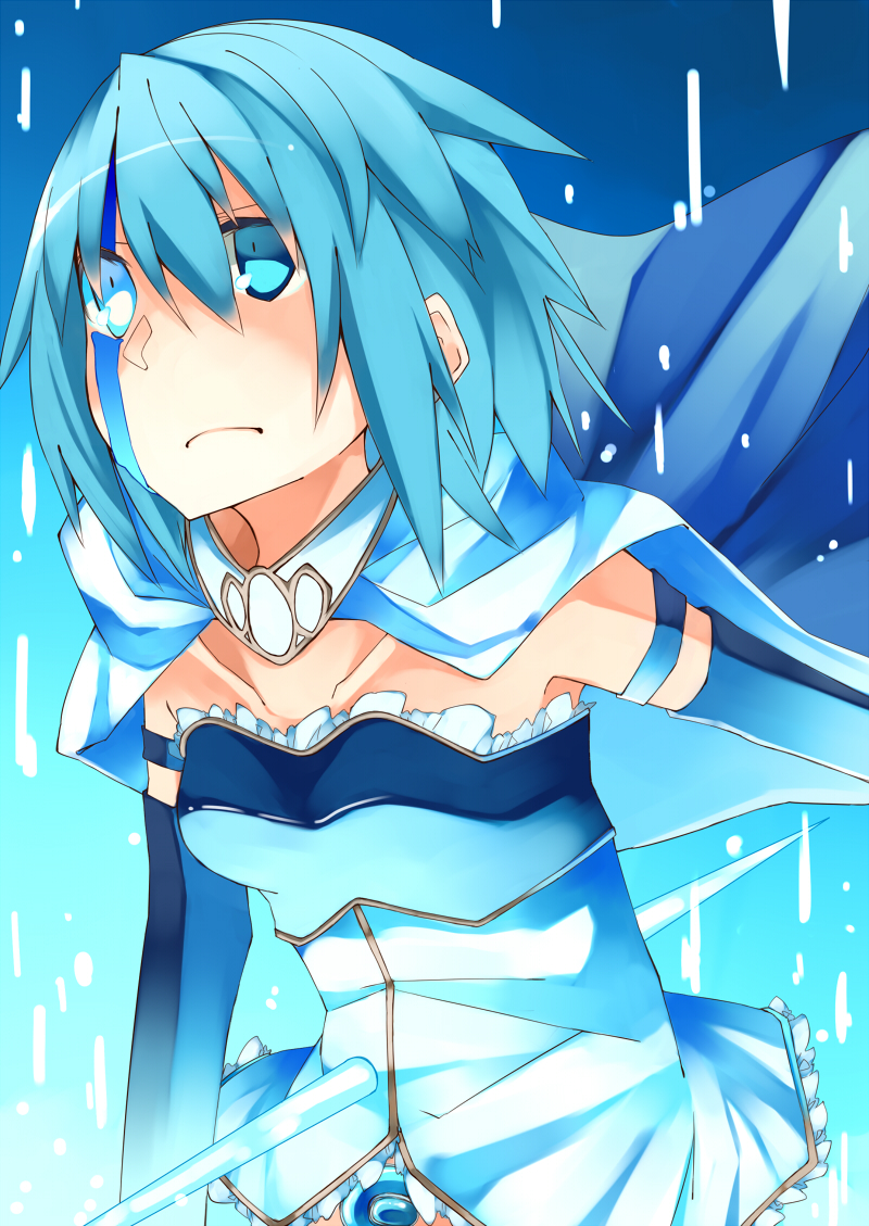 1girl, armband, blood, blue_blood, blue_eyes, blue_hair, cape, collarbone
