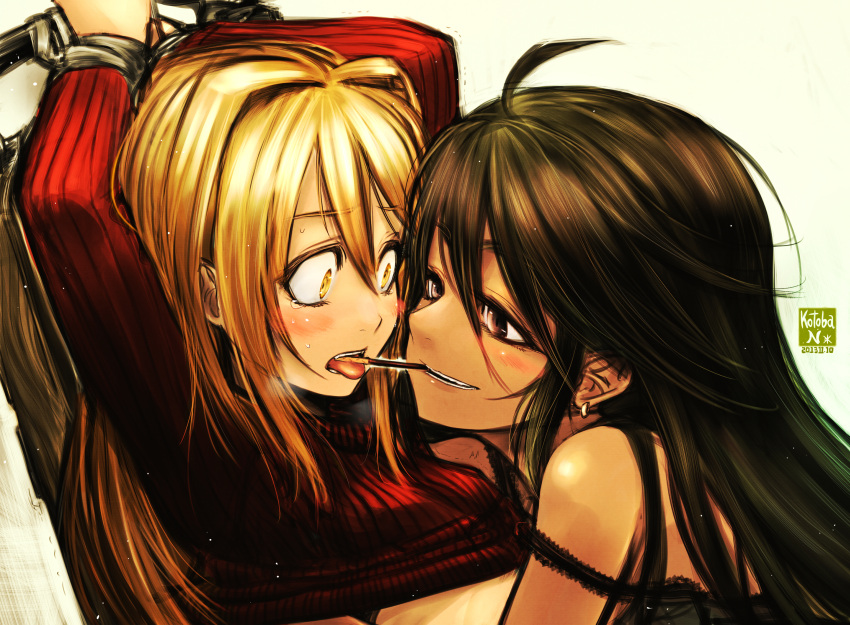 2girls, ahoge, blonde_hair, brown_eyes, brown_hair, earrings, hair_intakes, hands_tied