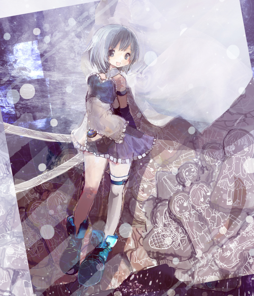 1girl, 86thunder, akemi_homura, armband, belt, blue_eyes, blue_hair, cape