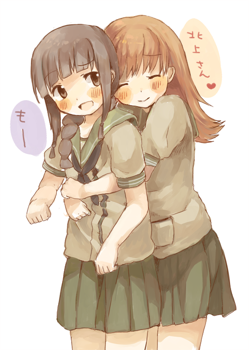 2girls, black_hair, blush, braid, brown_eyes, brown_hair, closed_eyes, foomi