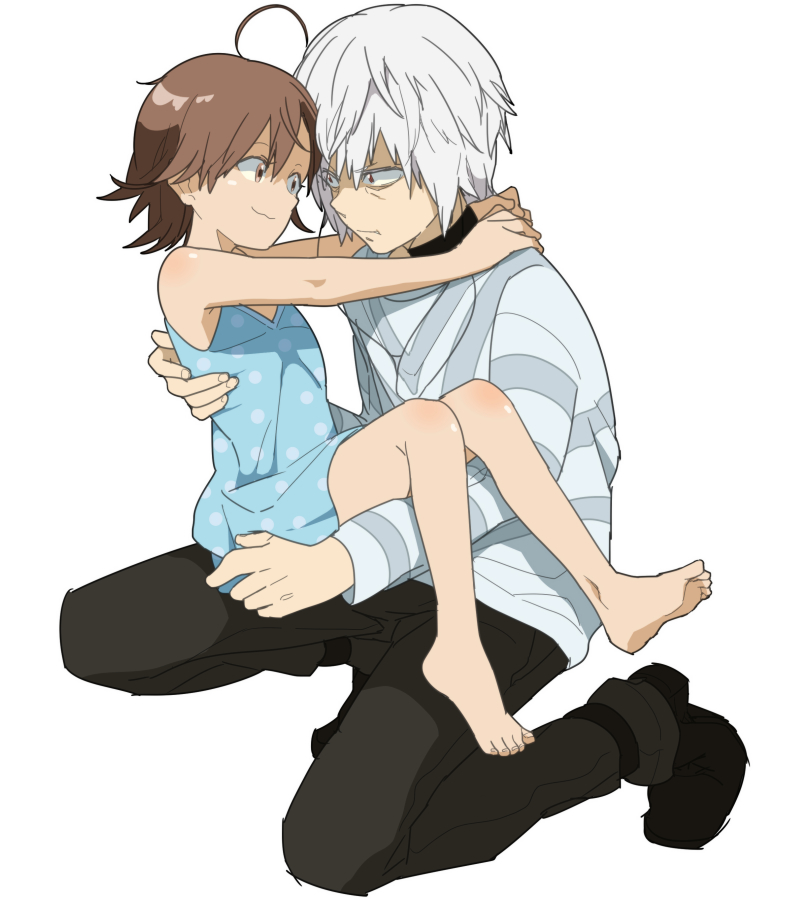 1boy, 1girl, accelerator, ahoge, barefoot, brown_eyes, brown_hair, carrying
