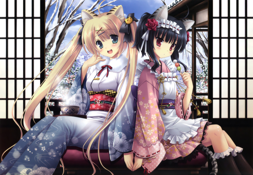 1girl, :d, animal_ears, back-to-back, black_hair, black_legwear, blonde_hair, blue_eyes