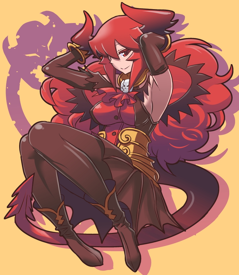 1girl, big_hair, black_legwear, boots, bracelet, breasts, demon_girl, demon_horns