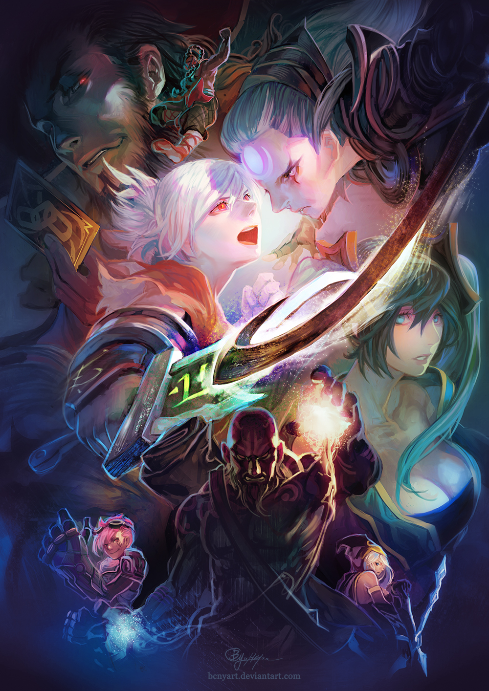 2boys, 5girls, ashe_(league_of_legends), b.c.n.y., beard, blue_hair, breasts, card, cleavage, diana_(league_of_legends), facial_hair, hat, highres, league_of_legends, lee_sin, long_hair, multiple_boys, multiple_girls, pink_hair, power_glove, red_eyes, riven_(league_of_legends), ryze, short_hair, sona_buvelle, sword, tattoo, twisted_fate, vi_(league_of_legends), weapon, white_hair