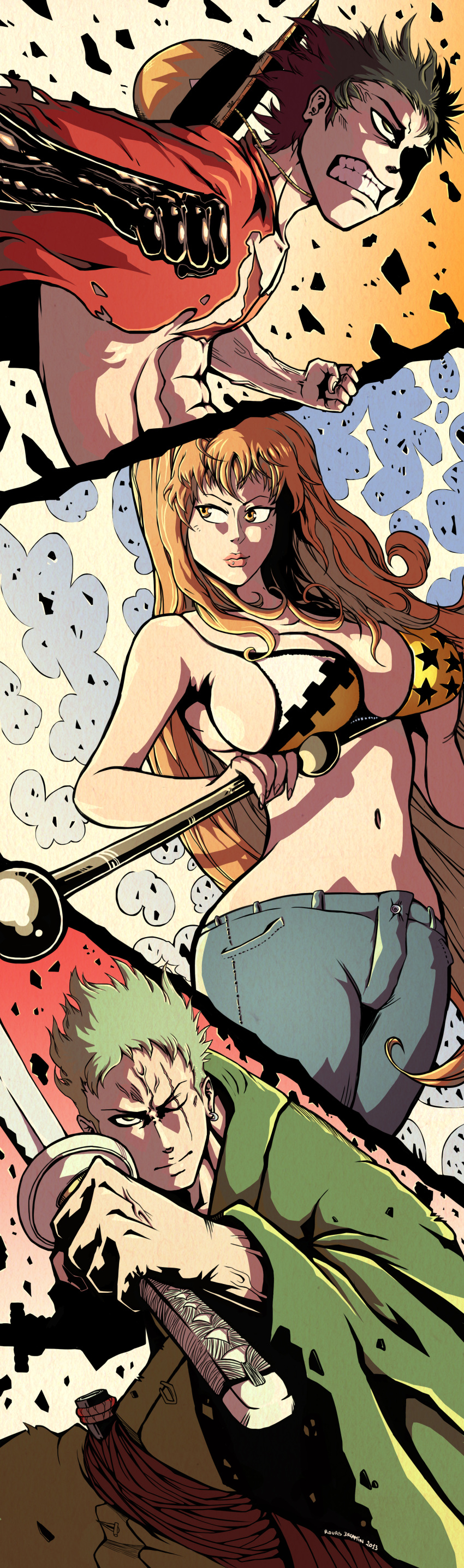 1girl, 2boys, abs, absurdres, battle, bikini_top, black_hair, breasts