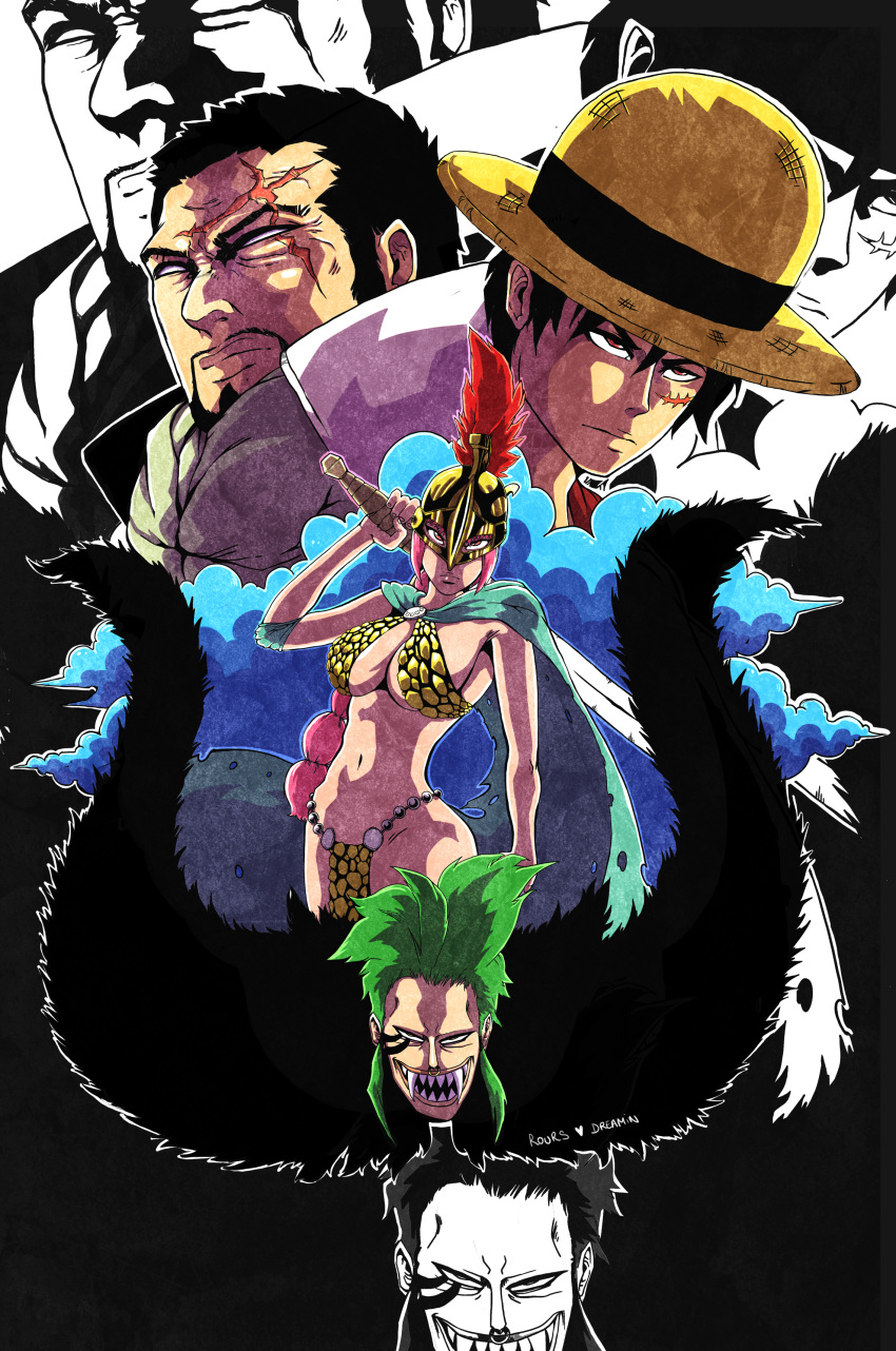 1girl, 3boys, absurdres, armor, bartolomeo, bikini_armor, black_hair, blind
