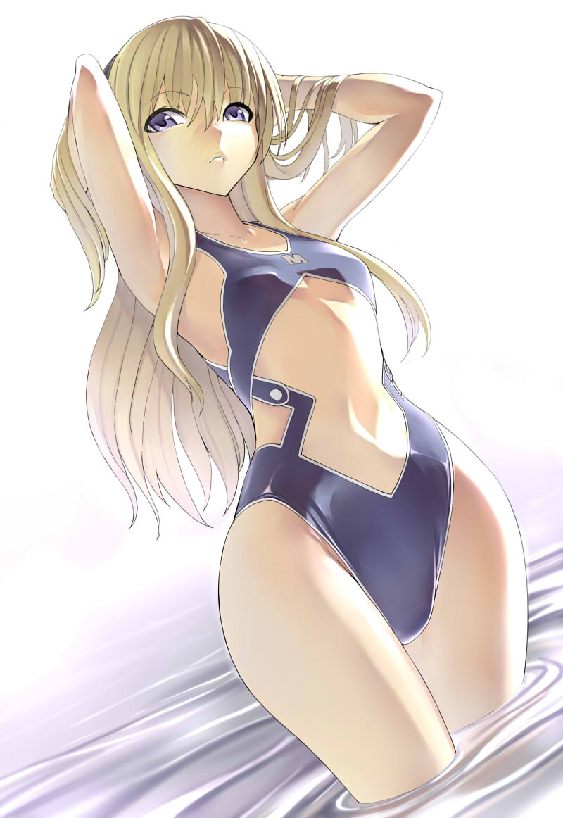 1girl, arms_up, blonde_hair, blue_eyes, blue_swimsuit, collarbone, feet_in_water, hair_tucking