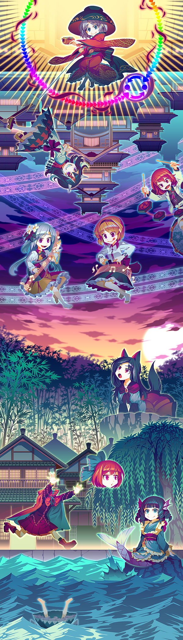 6+girls, animal_ears, blue_hair, brown_hair, double_dealing_character, everyone, head_fins, highres