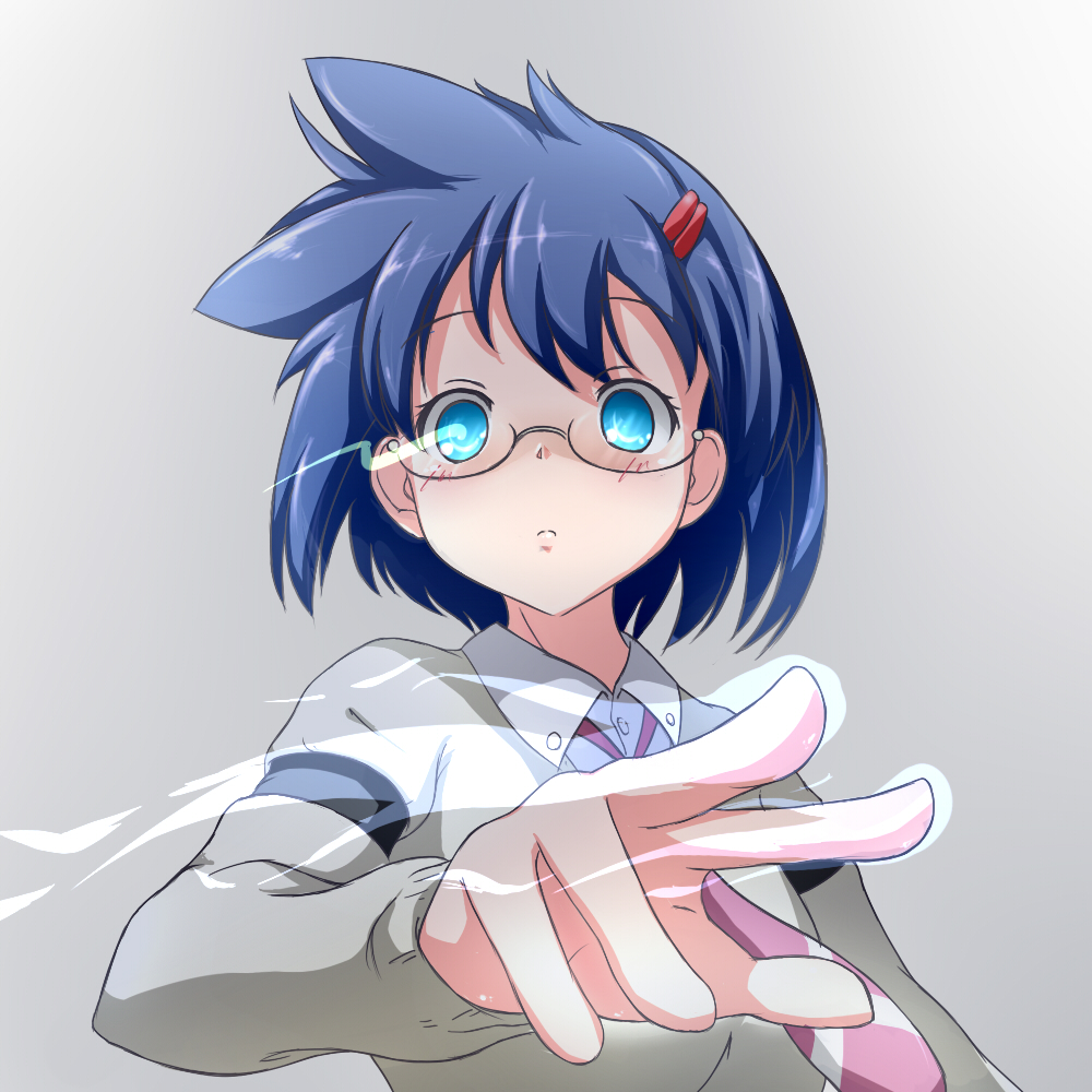 banderasu, blue_eyes, blue_hair, cardigan, dress_shirt, glasses, glowing, glowing_eyes