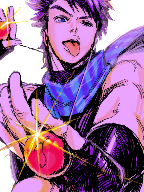 1boy, black_hair, blue_eyes, bola_(weapon), bust, fingerless_gloves, gloves, hatching_(texture)