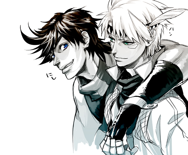 2boys, arm_around_neck, black_hair, blonde_hair, blue_eyes, bust, caesar_anthonio_zeppeli, eye_contact