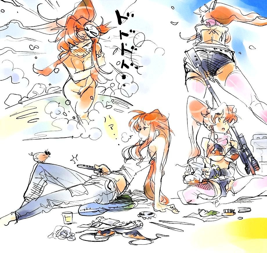 ass, bikini_top, blush, boota, breasts, covering, dabosu, gun, hair_ornament, hairclip, jeans, nude, red_hair, redhead, rifle, shorts, sketch, sniper_rifle, tank_top, tengen_toppa_gurren_lagann, thighhighs, traditional_media, watercolor_(medium), weapon, yoko_littner, yoko_ritona