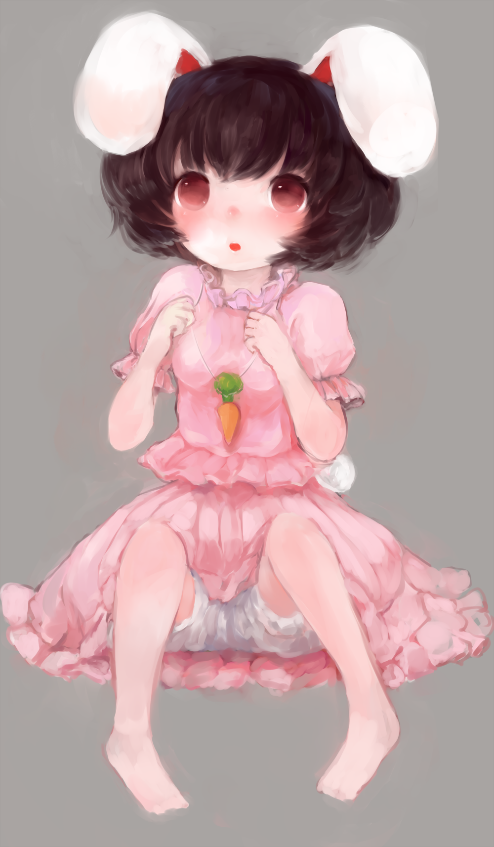 1girl, animal_ears, black_hair, bloomers, carrot, dress, highres, inaba_tewi, jewelry, maccha_cocoa, necklace, rabbit_ears, red_eyes, short_hair, sitting, smile, solo, tail, touhou, underwear