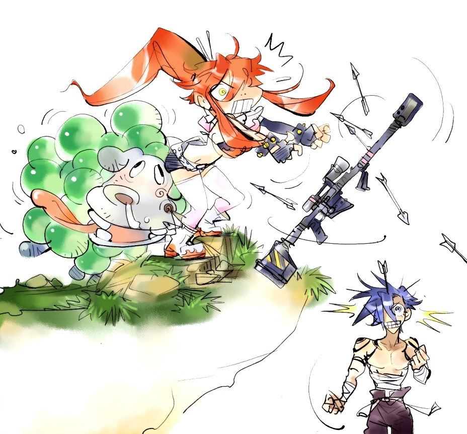 anti-materiel_rifle, arrow, blue_hair, dabosu, grape-hippo, grin, gun, headshot