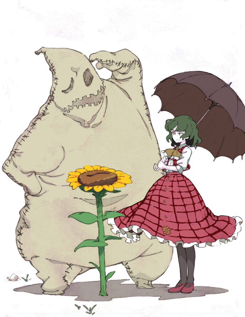 1girl, black_legwear, flower, green_hair, highres, kazami_yuuka, long_skirt, monster