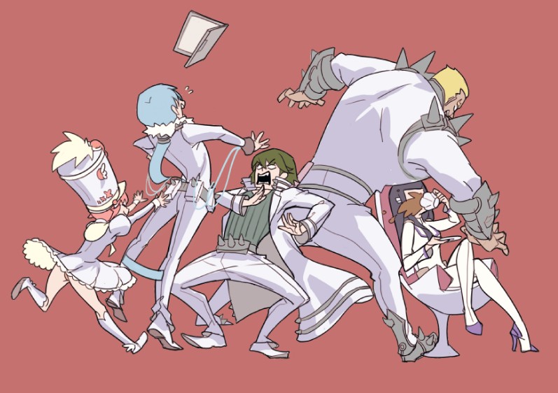 computer, cup, falling, gamagoori_ira, hat, inumuta_houka, jakuzure_nonon, kill_la_kill, kiryuuin_satsuki, laptop, mask_alice, pushing, sanageyama_uzu, spilling, tea, teacup, uniform