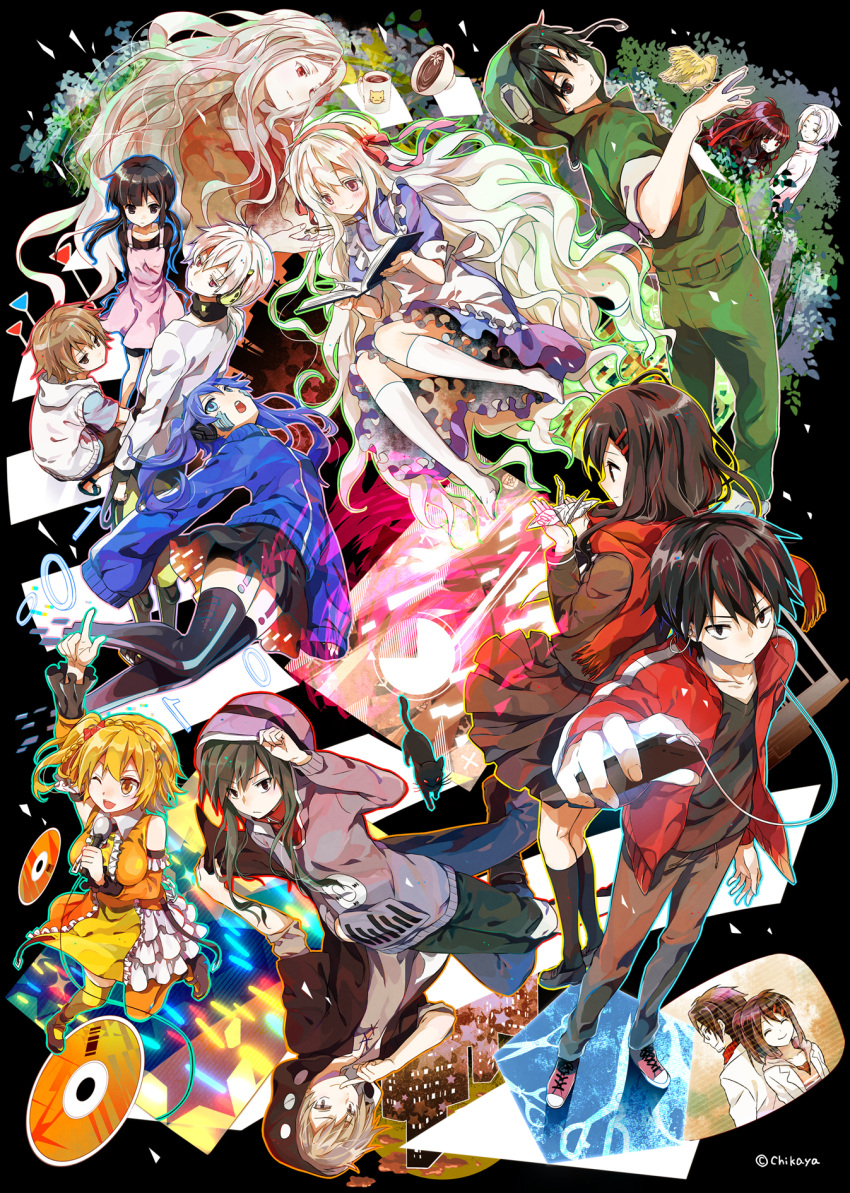 ayano_(kagerou_project), azami_(kagerou_project), bird, black_hair, blonde_hair, blue_eyes, blue_hair, book